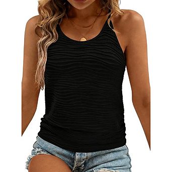 Women Top Scoop Neck Horizontal Ruched Spaghetti Strap Slim Fit Basic Cami Tank