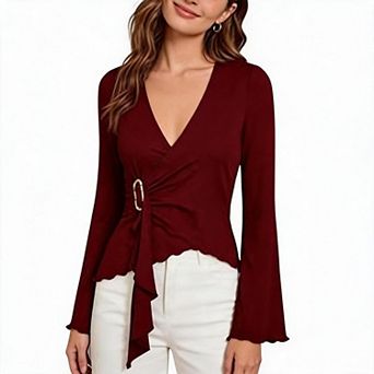 Women Top Wrap V Neck Side Buckle Tie Long Sleeve Slim Evening Blouse