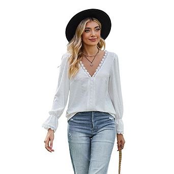 Women Top V Neck Lace Trim Puff Bishop Long Sleeve Loose Textured Blouse