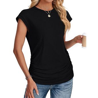 Women Cap Sleeve Ruched Side Casual T Shirt Crew Neck Slim Fit Daily Wear Basic Top Summer Outfits