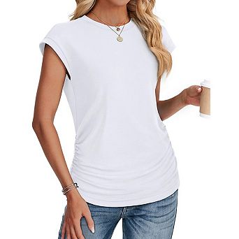 Women Cap Sleeve Ruched Side Casual T Shirt Crew Neck Slim Fit Daily Wear Basic Top Summer Outfits