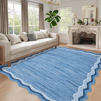 Wave Edge Solid Machine Washable Area Rug Minimalist Low-Pile Non-Slip Carpet for Bedroom Kitchen