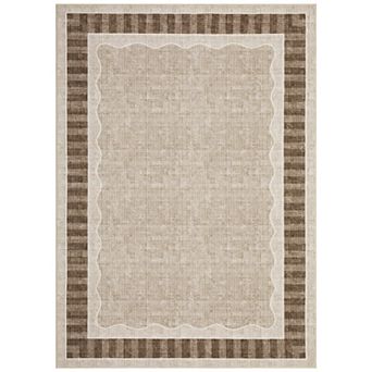 Striped Border Machine Washable Area Rug Non-Slip Low-Pile Stain-Resistant Carpet for Bedroom Porch