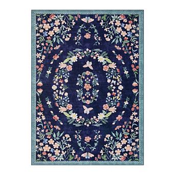 Vintage Floral Machine Washable Area Rug Low-Pile Non-Slip Carpet for Living Room Bedroom Porch