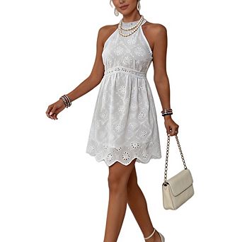 Women Elegant Party Swing Dress Halter Neck Sleeveless Floral Lace A Line Evening Outfit