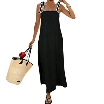 Women's Summer Tie Shoulder Contrast Trim Flowy Maxi Dress Casual Beach Vacation Long Sundress