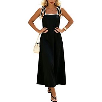 Women's Summer Tie Shoulder Contrast Trim Flowy Maxi Dress Casual Beach Vacation Long Sundress