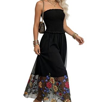 Women Summer Strapless Boho Floral Print Maxi Sundress Beach Cover Up Long Dress