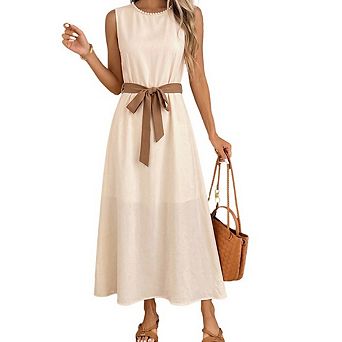 Womens Summer Sleeveless Crewneck Tie Belt Casual Elegant Maxi Dress