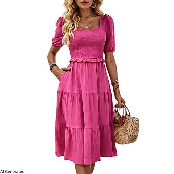 Women's Square Neck Puff Sleeve Knee Length Smocked Frill Neckline A Line Dress