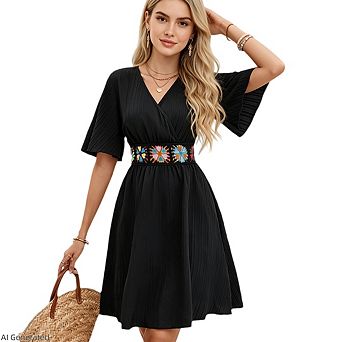 Women's V-Neck Short Flutter Sleeve A-Line Casual Embroidered Belt Beach Holiday Dress