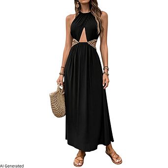 Women's Sleeveless Printed Lace Up Paneled Cut Off Waist A-Line Maxi Dress