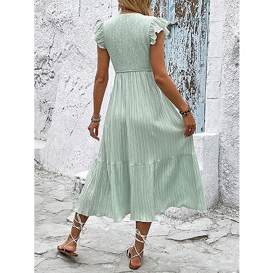 Women's Deep V Neck Ruffle Cap Sleeve Button Down Split Flowy Casual Midi Dress