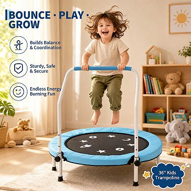 Trampoline Indoor, Trampoline Toddler with Foldable Legs & Adjustable Height Handlebar