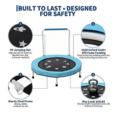 Trampoline Indoor, Trampoline Toddler with Foldable Legs & Adjustable Height Handlebar