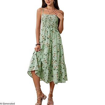 Women's Boho Casual Floral Spaghetti Straps A Line Wedding Guest Midi Dress