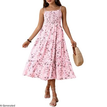 Women's Boho Casual Floral Spaghetti Straps A Line Wedding Guest Midi Dress