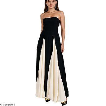 Women Casual Sleeveless High Waist Party Contrast Color Off Shoulder Long Dress