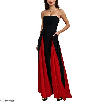 Women Casual Sleeveless High Waist Party Contrast Color Off Shoulder Long Dress