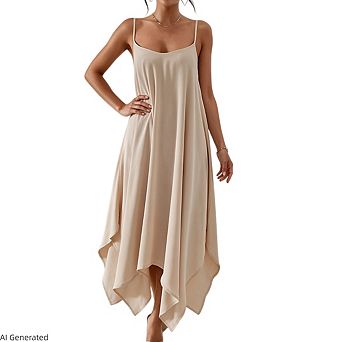 Women Pleated Solid Color Flowy Irregular Hem Vacation Cami Dress