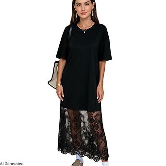 Women Loose Fit Short Sleeve Lace Patchwork Hem Elegant Crew Neck Long T Shirt Dresses