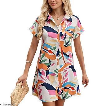 Womens Button Down Boho Floral Print Short Sleeve Collared Casual Loose fit Beach Shirt Dress