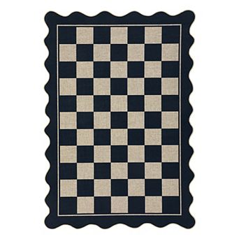 Wave Border Checkered Machine Washable Area Rug Non-Slip Stain-Resistant Carpet for Bedroom Porch