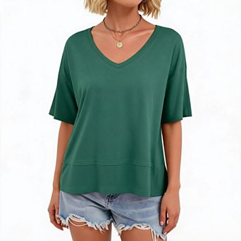 Womens Half Sleeves Oversized T Shirt Casual V-Neck Business Casual Loose Basic Shirts Tops