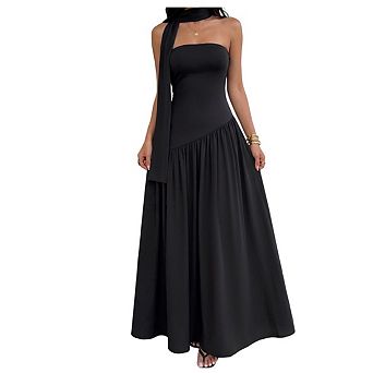 Women's Strapless Ruched Tube High Slit Maxi Dress Matching Scarf Summer Vacation Outfit