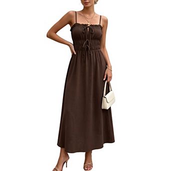 Women Spaghetti Strap Sleeveless Elastic Waist Boho Flowy Maxi Dress Summer Beach Vacation Outfit
