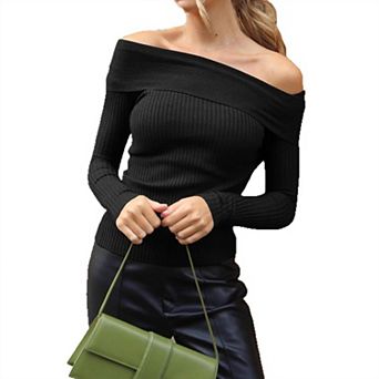 Womens Off the Shoulder Sweater Slim Fit Knit Pullover Soft Cozy Long Sleeve Going Out Tops