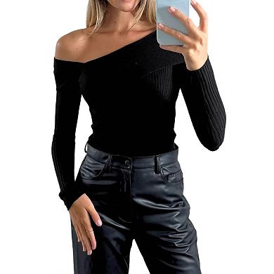 Womens Off the Shoulder Sweater Slim Fit Knit Pullover Soft Cozy Long Sleeve Going Out Tops