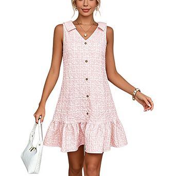 Women's V Neck Sleeveless Jacquard Floral Ruffle Hem Tank Dress Summer Coquette Beach Casual Sundres