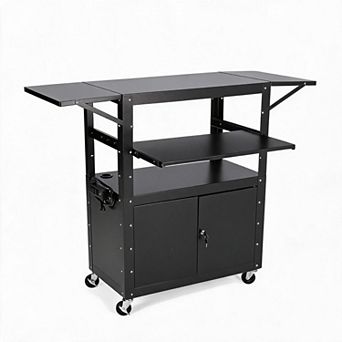 Adjustable Height Black Mobile AV Cart Lockable Cabinet Steel Rolling Utility Cart