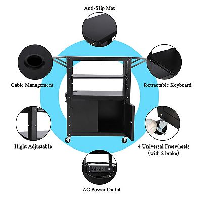 Adjustable Height Black Mobile AV Cart Lockable Cabinet Steel Rolling Utility Cart