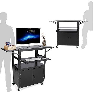 Adjustable Height Black Mobile AV Cart Lockable Cabinet Steel Rolling Utility Cart