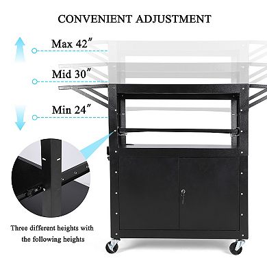 Adjustable Height Black Mobile AV Cart Lockable Cabinet Steel Rolling Utility Cart