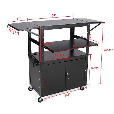 Adjustable Height Black Mobile AV Cart Lockable Cabinet Steel Rolling Utility Cart