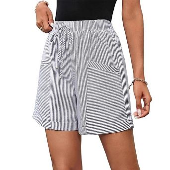 Women Shorts Elastic Drawstring Waist Striped Print Cuff Hem Patch Pocket Casual Daily Bottoms