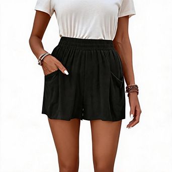 Women Shorts Elastic Waist Linen Blend Side Patch Pocket Loose Flow Casual Vacation Bottoms