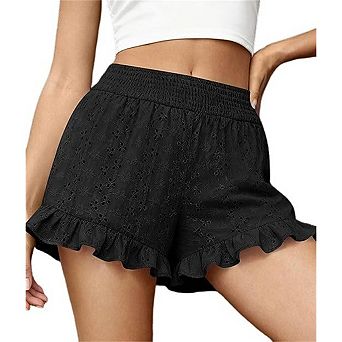 Women Shorts Elastic Waist Eyelet Embroidery Ruffle Hem Loose Airy Summer Casual Bottoms