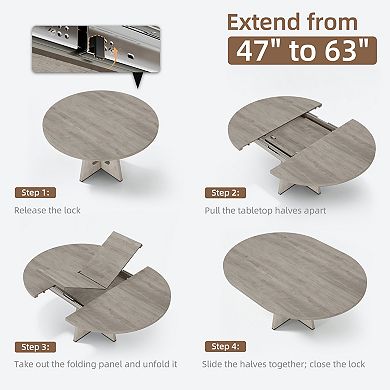 47"-63" Extendable Round Dining Table for 4-8(Table only), w/ Cross Pedestal Base, Circle Furniture