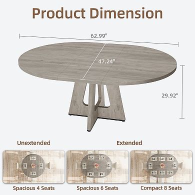 47"-63" Extendable Round Dining Table for 4-8(Table only), w/ Cross Pedestal Base, Circle Furniture