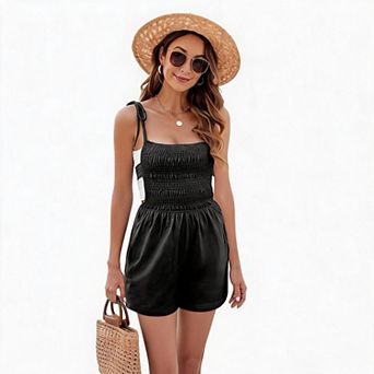Women Romper Spaghetti Strap Smocked Bust Tie Shoulder Loose Short Jumpsuit Vacation Casual Outfit