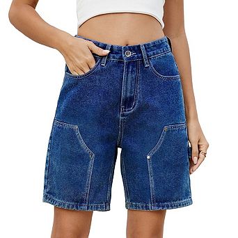 Women Denim Shorts High Waist Carpenter Patch Pocket Knee Length Loose Casual Bottoms