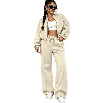 Women's 2 pc Tracksuit Set Zip Up Baseball Collar Cropped Jacket Drawstring Wide Leg Pants