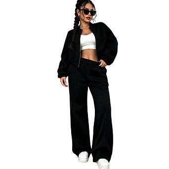 Women's 2 pc Tracksuit Set Zip Up Baseball Collar Cropped Jacket Drawstring Wide Leg Pants