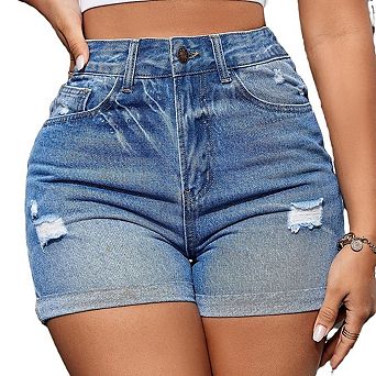 Women Denim Shorts High Waist Distressed Ripped Roll Cuff Curvy Fit Summer Casual Jean Bottoms