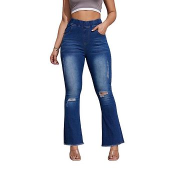 Women Elastic High Waist Ripped Flared Jeans Stretch Distressed Denim Bell Bottom Pants