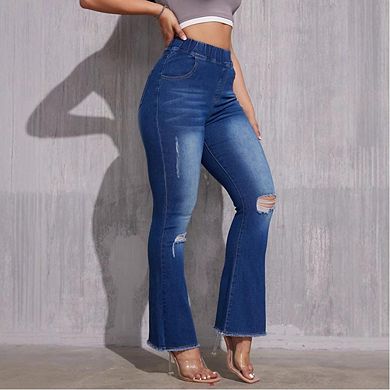 Women Elastic High Waist Ripped Flared Jeans Stretch Distressed Denim Bell Bottom Pants